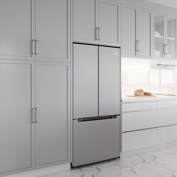koolmore km rerfdss 18c 30 inch and 18.5 cu. ft. counter depth french refrigerator with three doors and deep freezer in stainless steel. silver