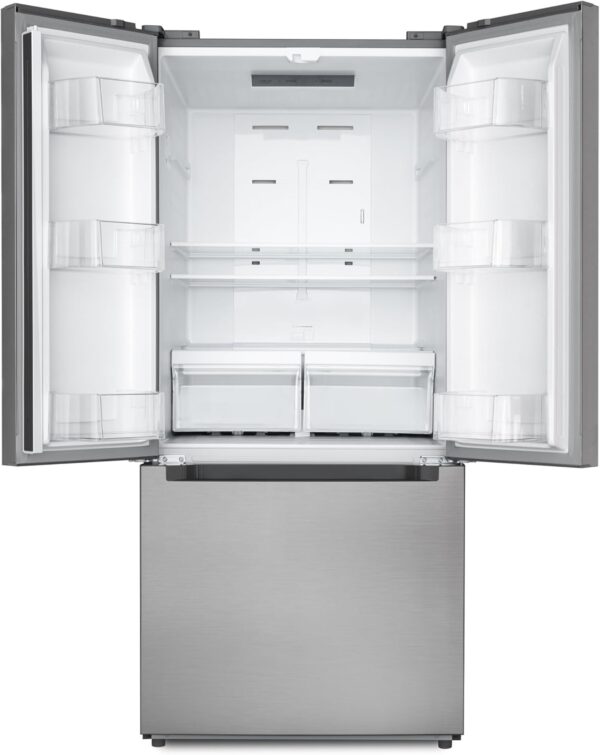 koolmore km rerfdss 18c 30 inch and 18.5 cu. ft. counter depth french refrigerator with three doors and deep freezer in stainless steel. silver