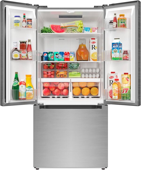 koolmore km rerfdss 18c 30 inch and 18.5 cu. ft. counter depth french refrigerator with three doors and deep freezer in stainless steel. silver