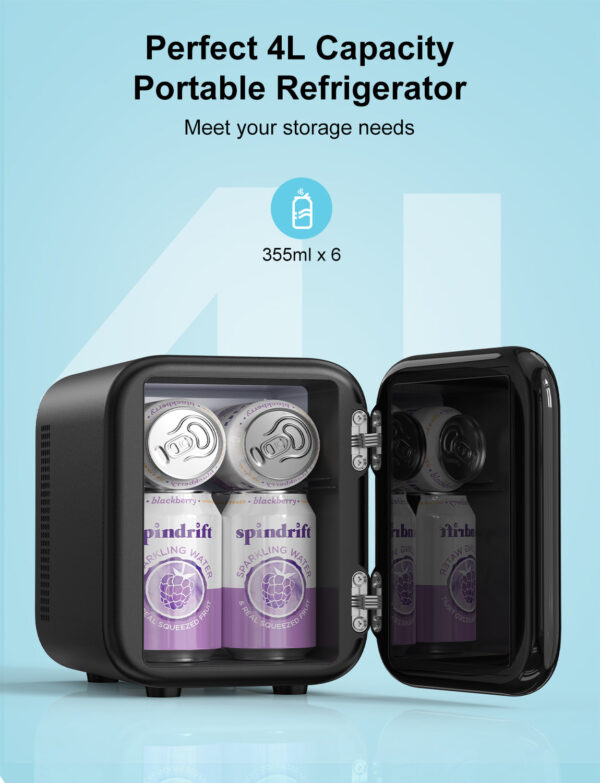 crownful mini fridge, 4 liter/6 cans portable skincare fridge black