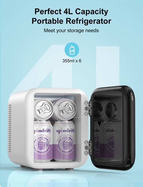 crownful mini fridge, 4 liter/6 cans portable skincare fridge white